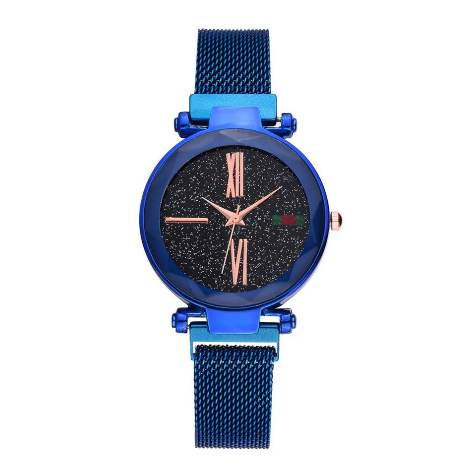 Women's magnetic clasp watch with round dial on stainless steel strap in six colour options.