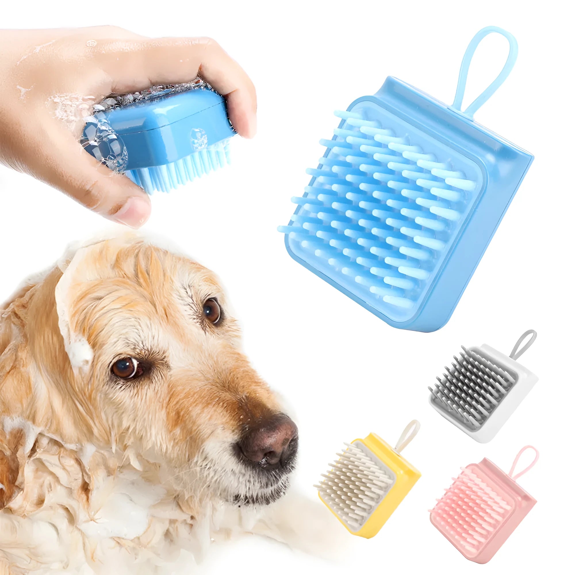 Pet bath massage brush with soft TPR bristles and ergonomic handle in white, blue, pink, yellow colours