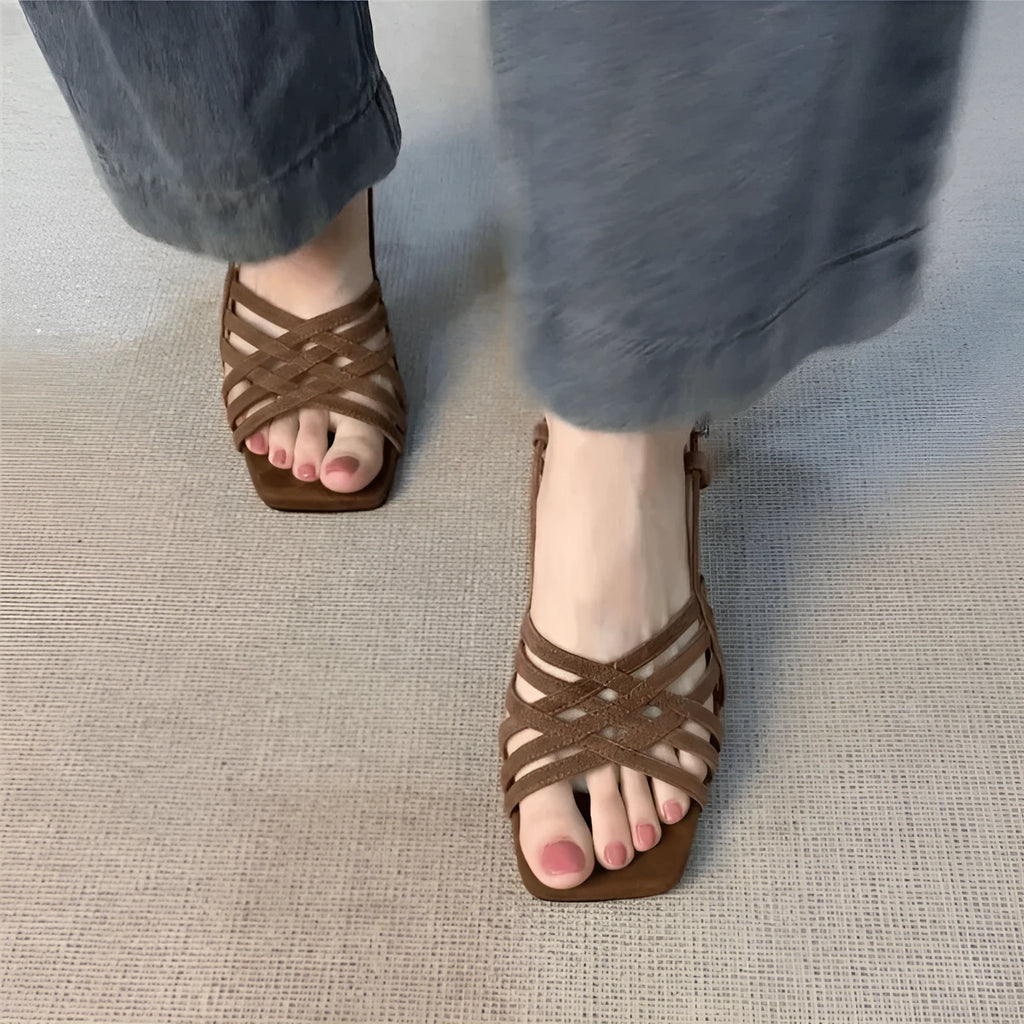 Retro soft leather thin cross straps high heel sandals with square toe and ankle buckle in beige black and light brown