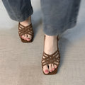 Retro soft leather thin cross straps high heel sandals with square toe and ankle buckle in beige black and light brown