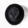 Handmade wool felt Halloween skull hat with conical crown and denim accents
