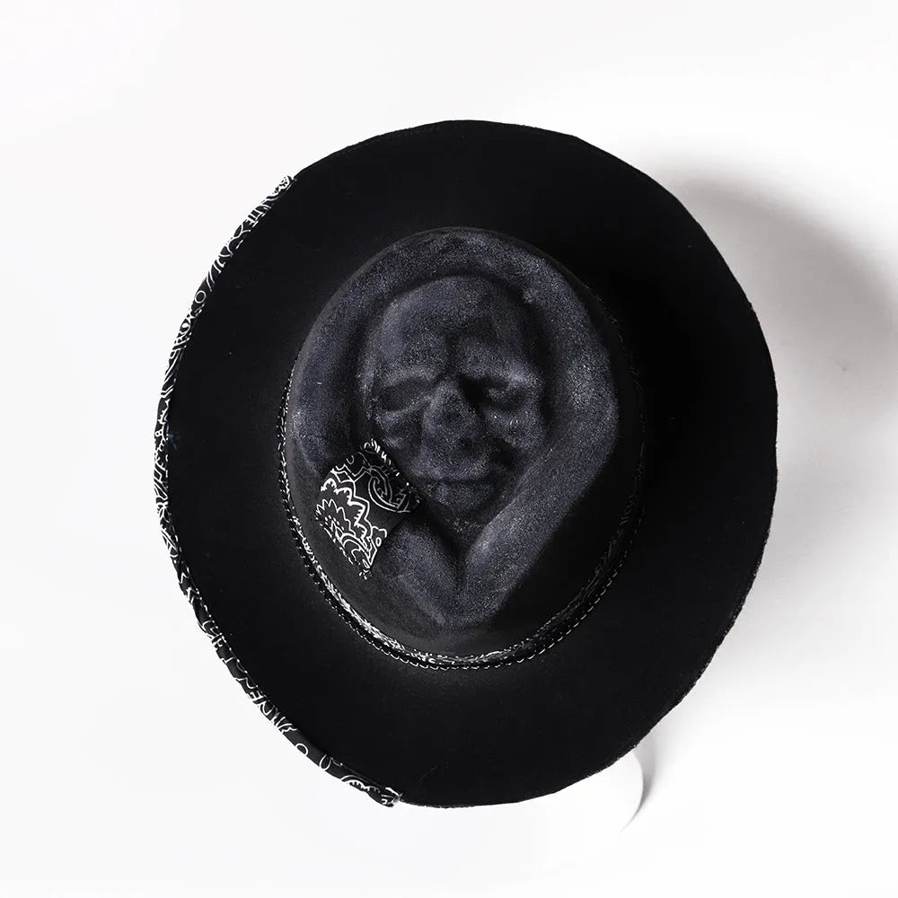 Handmade wool felt Halloween skull hat with conical crown and denim accents