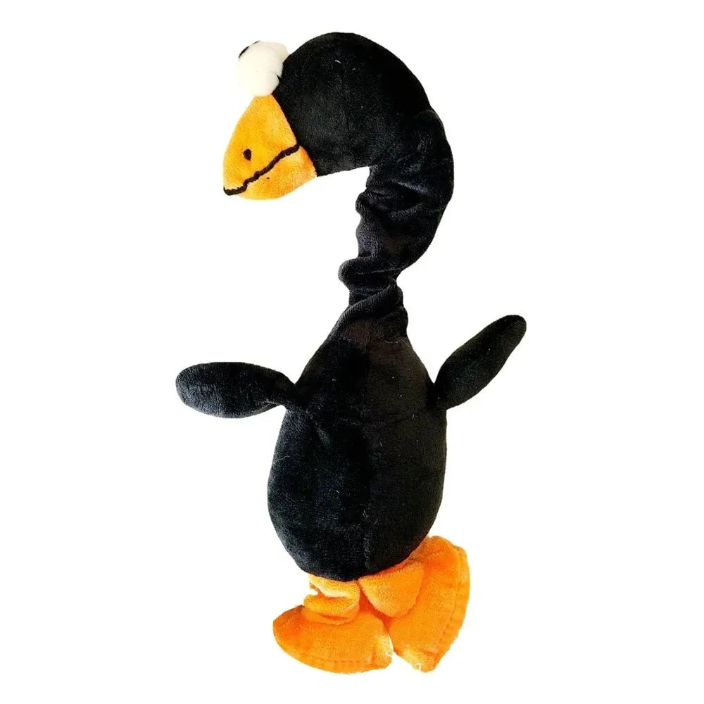 Screaming chicken sound dog chew toy in bite-resistant material, shown in black, green, and orange.