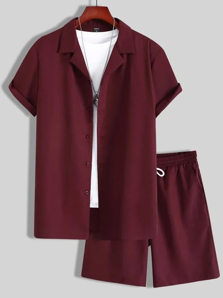 Men's white short sleeve Cuban collar sport shirt and matching shorts laid flat.