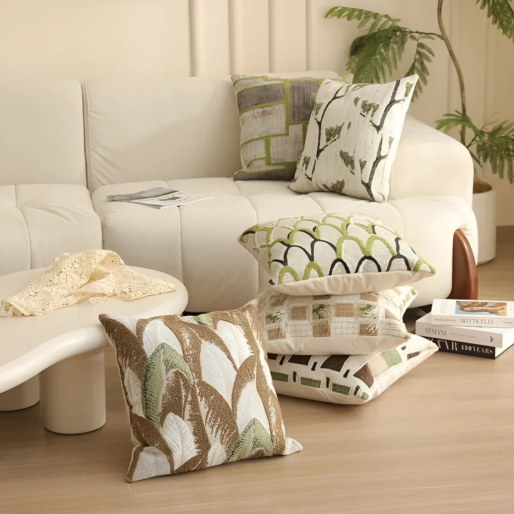 Square Jacquard cushion cover with yarn-dyed floral pattern in various colours, shown at 45cm size.