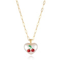Geometric heart fruit pendant necklace with adjustable chain showing strawberry, pineapple, apple designs