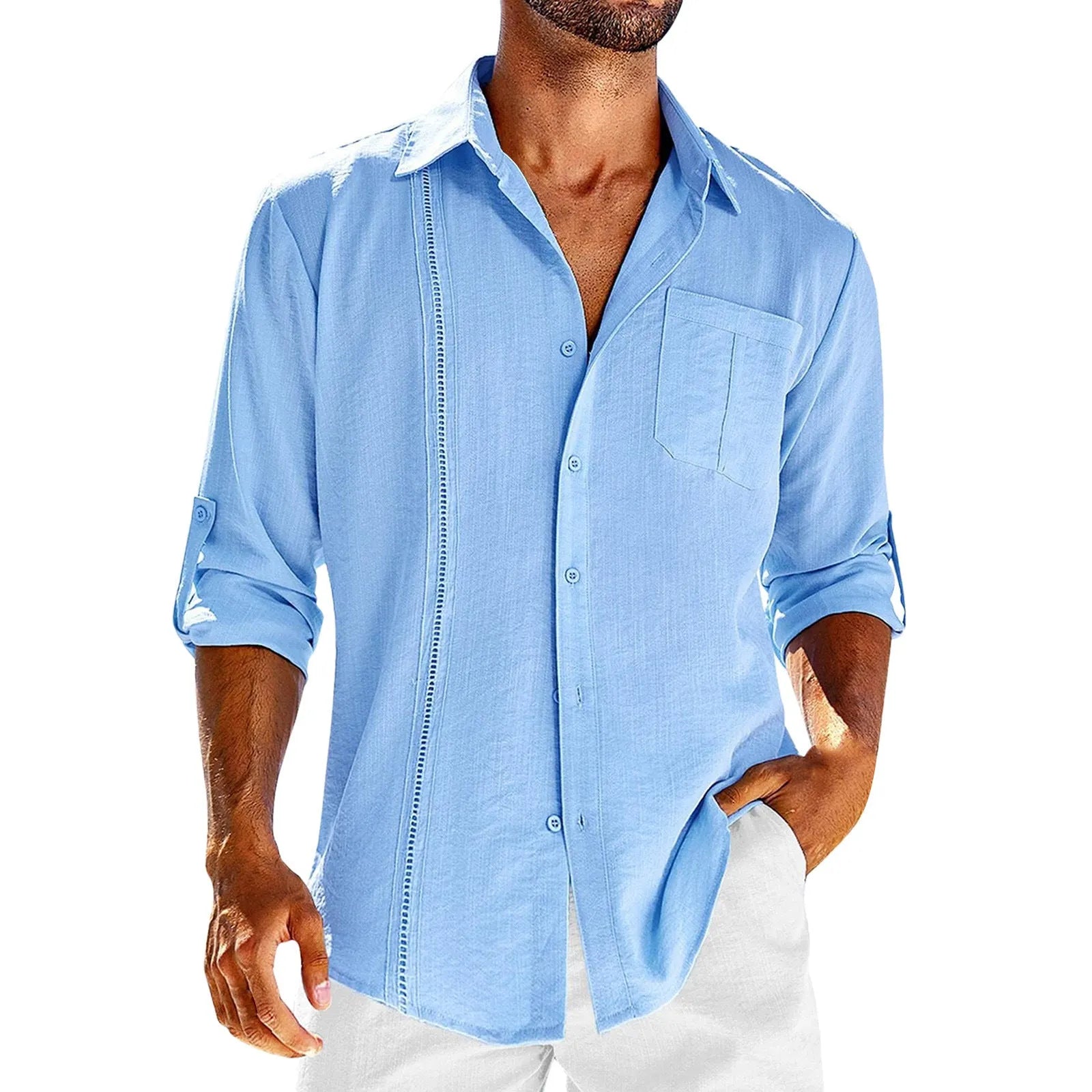A man's solid-colour long sleeve casual shirt with a polo collar, button front, and chest pocket.