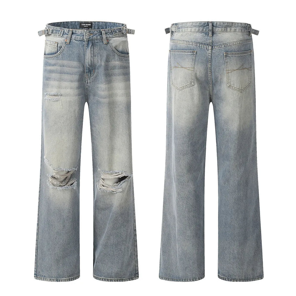 Blue men's straight-leg jeans with ripped knee detailing and a zipper fly