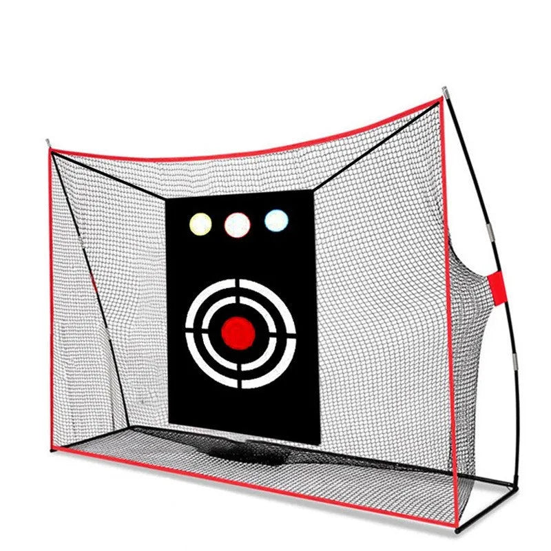 Golf wedge training net with 3-hole target design and straw practice mat including practice balls and tees