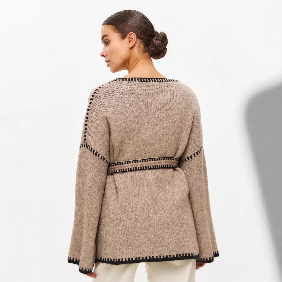 Loose lace-up knitted cardigan sweater coat in white, black, or camel colour with 50cm normal length
