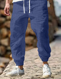 Men's elastic waist summer trousers in straight cut design showing army green colour option