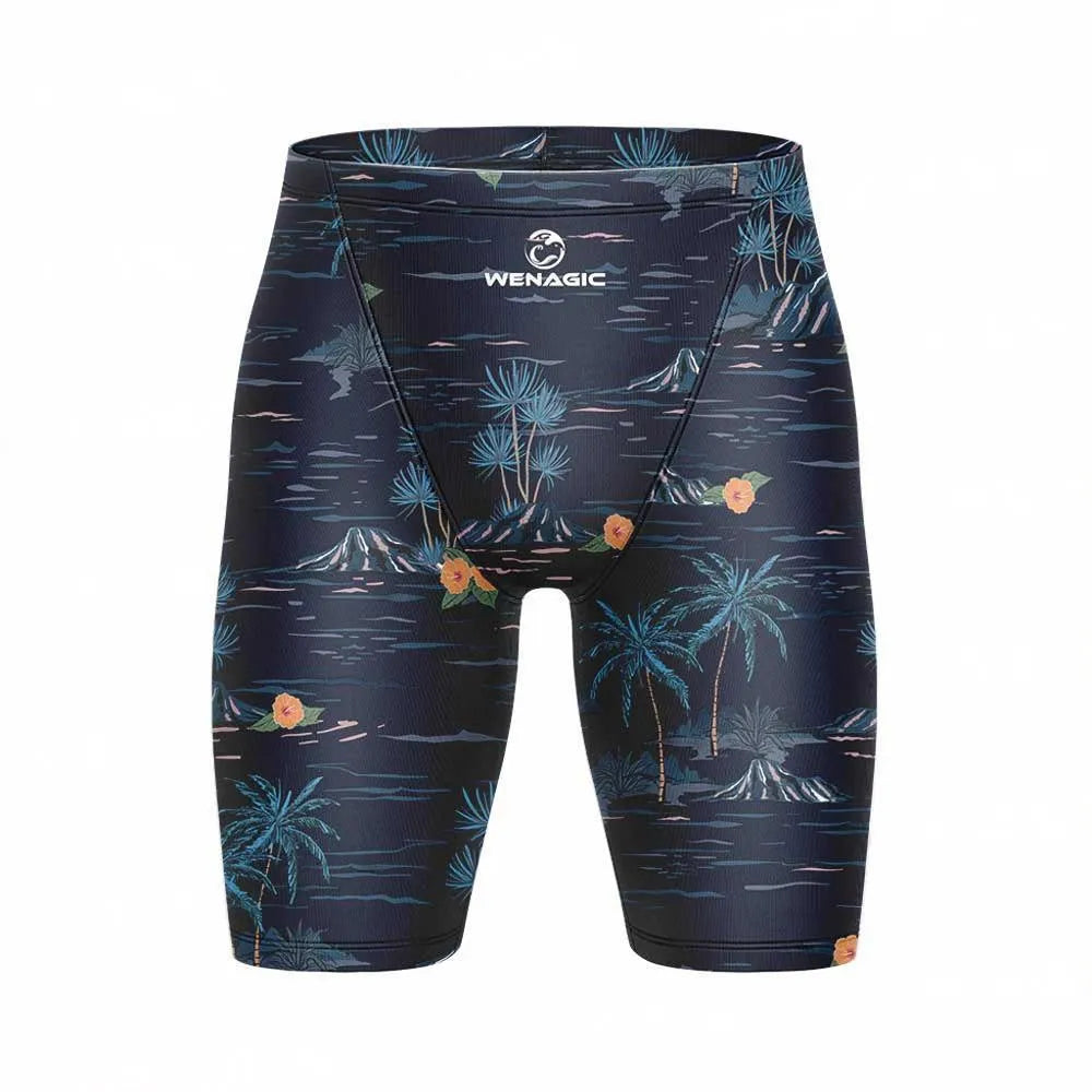 Men's swimming pants in briefs style with polyester and Lycra fabric, shown in multiple colour options