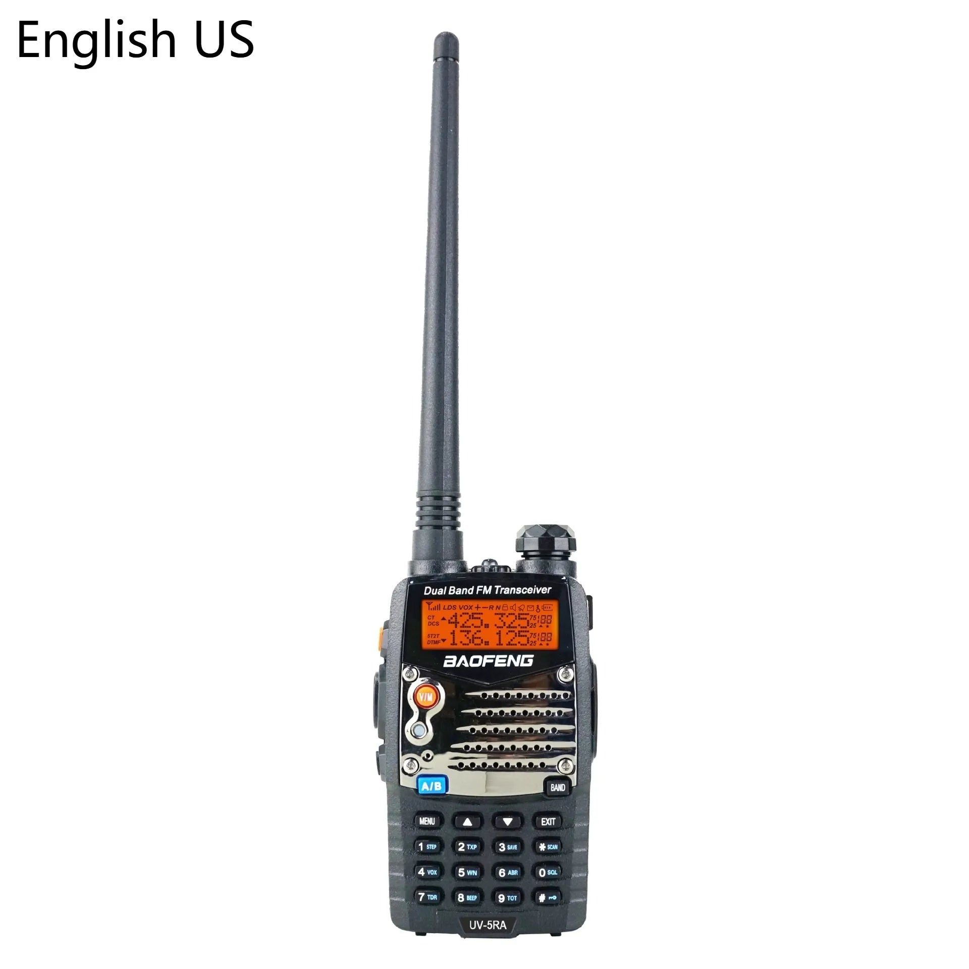 Baofeng UV-5RA dual-band handheld radio transceiver with dual display screen and removable battery