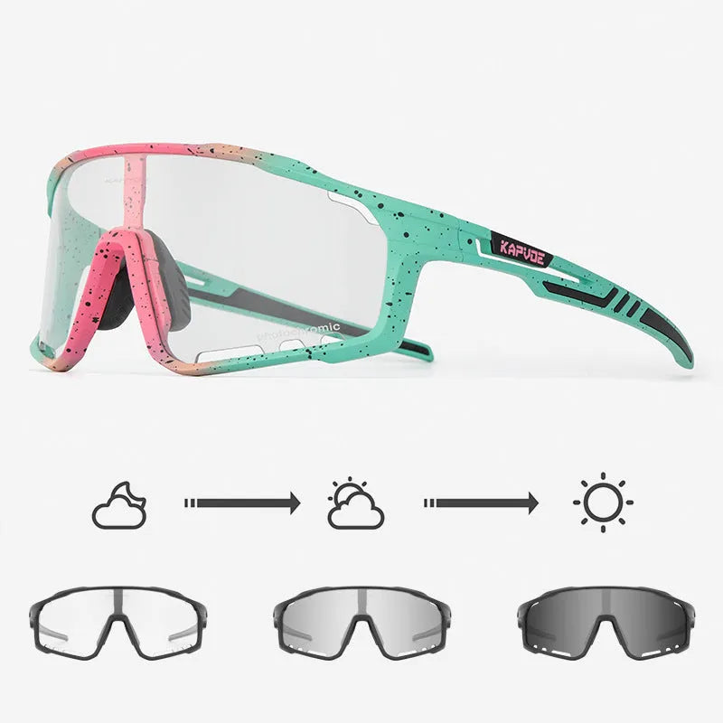 Photochromic cycling sports goggles with TR90 frame and semi-rimless design shown in multiple colour options.