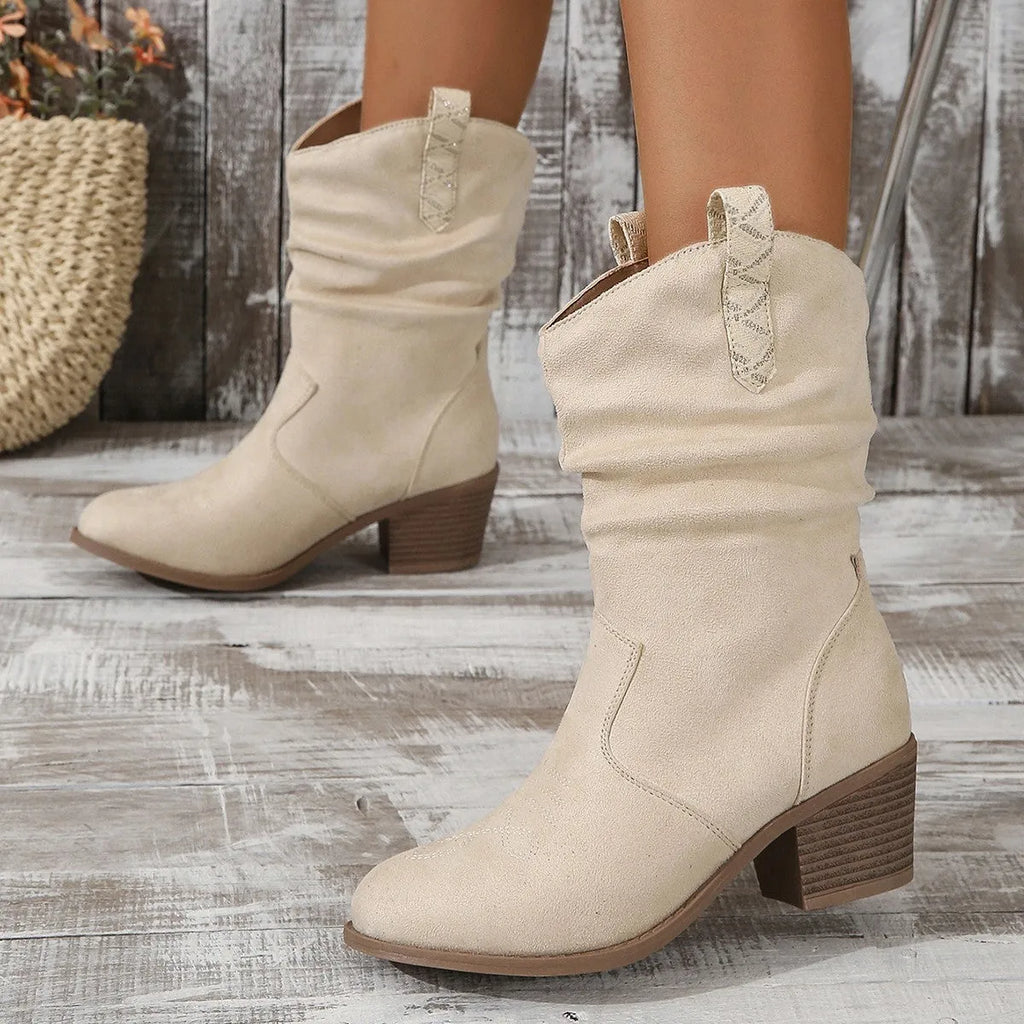 Women's suede boots with leather stitching detail and mid-heel in lotus root colour and milky white options