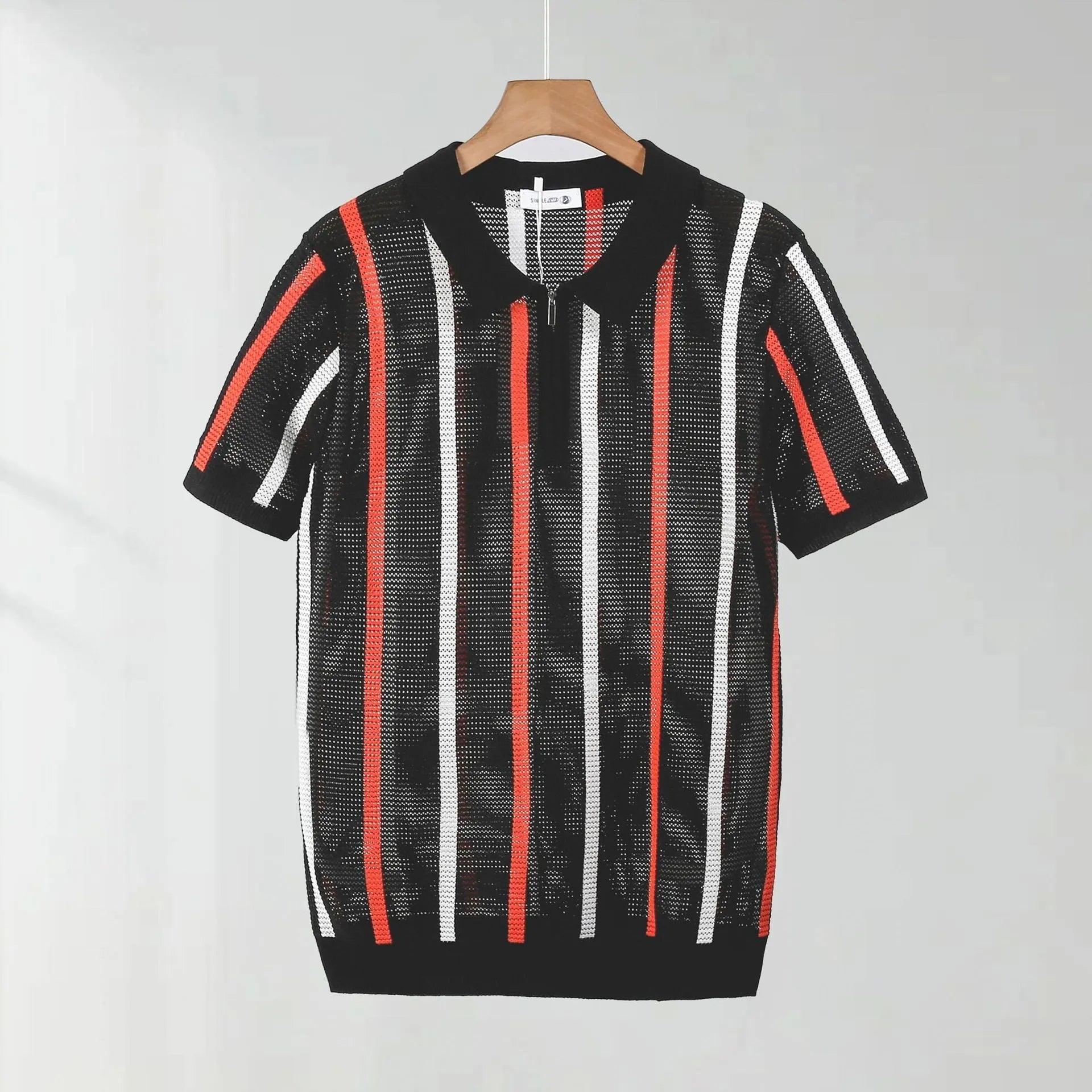 Short-sleeved polo shirt in hollow mesh ice silk fabric with decorative zipper detailing