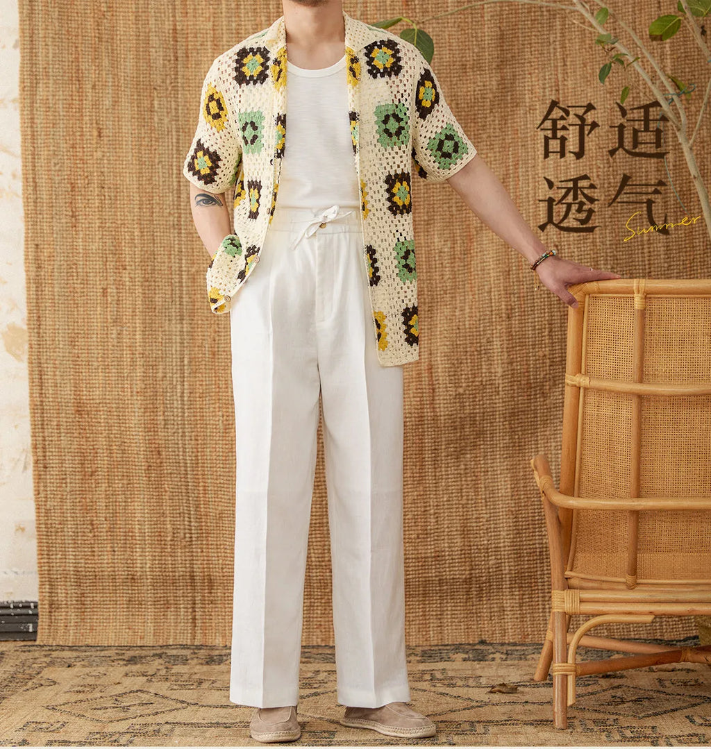 Linen high waist trousers with elasticated waistband in straight-leg cut