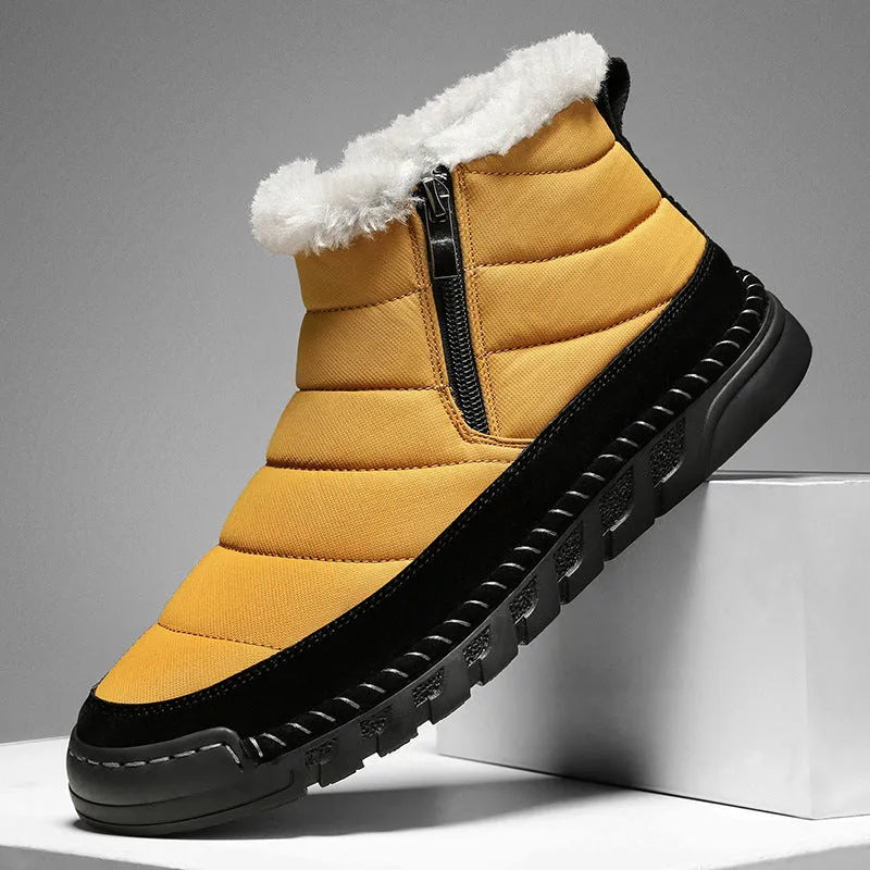 Men's plus size snow boot in black with round toe, flat heel, and non-slip rubber sole.