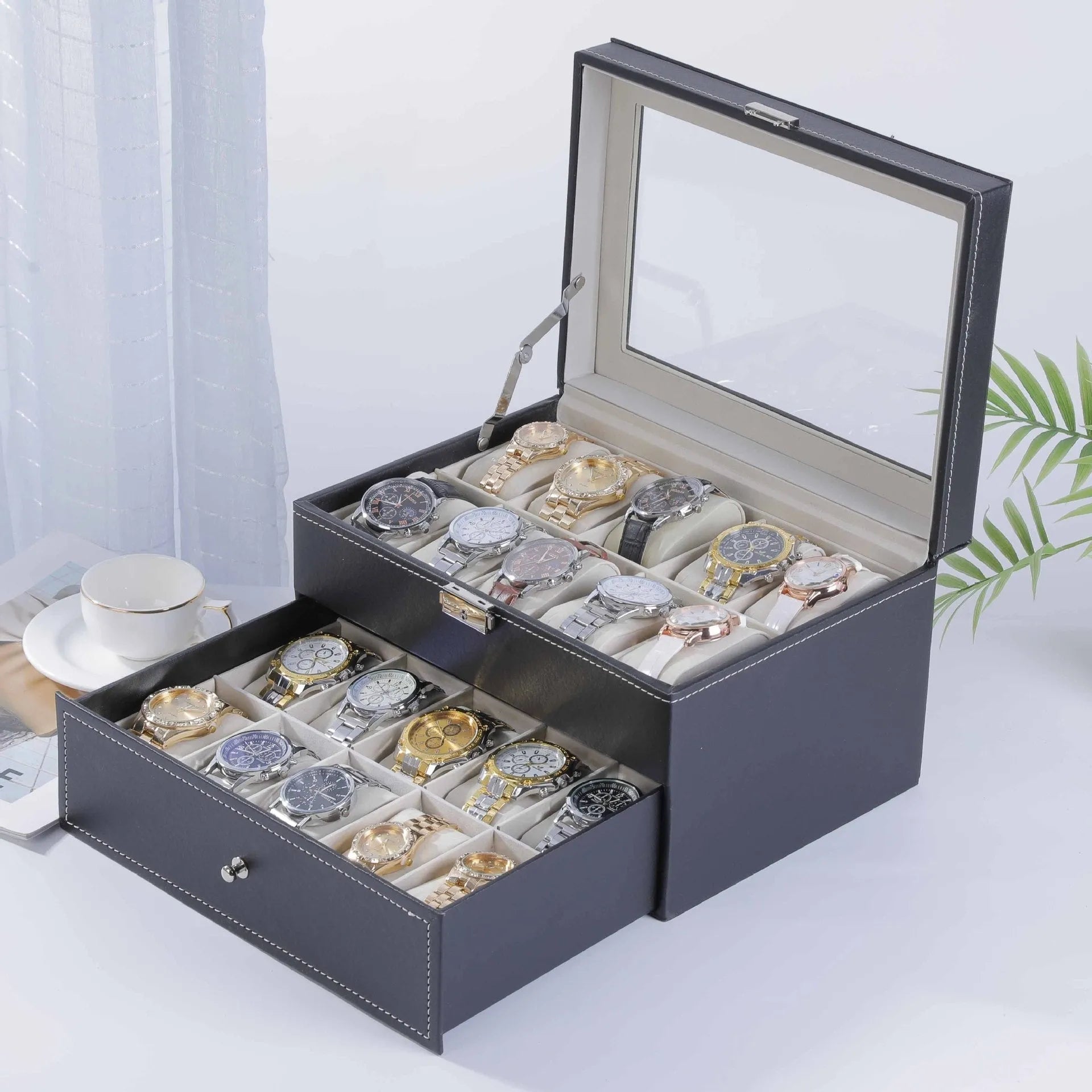 Grey high-grade leather watch storage box with a dustproof transparent lid, shown in a multi-capacity display.