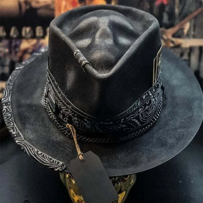 Handmade wool felt Halloween skull hat with conical crown and denim accents
