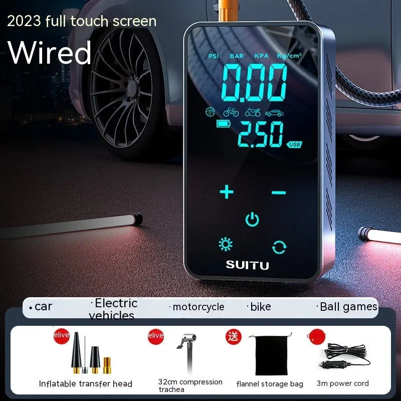 Compact black wireless car tyre pump with LCD screen displayed next to its hose, nozzles, and Type-C charging cable.