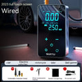 Compact black wireless car tyre pump with LCD screen displayed next to its hose, nozzles, and Type-C charging cable.