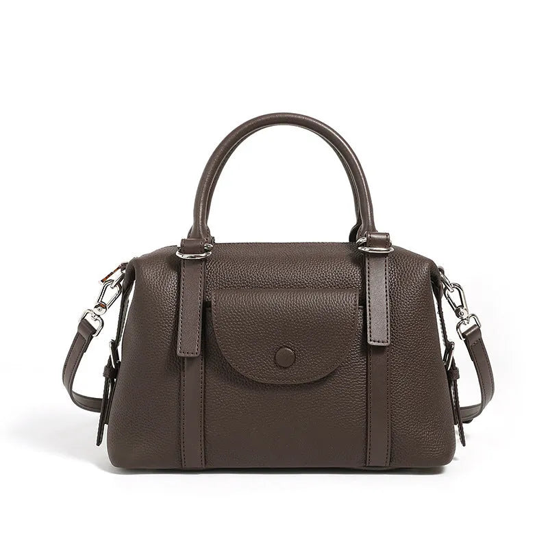 Genuine leather ladies handbag with contrast stitching and metal lock detail