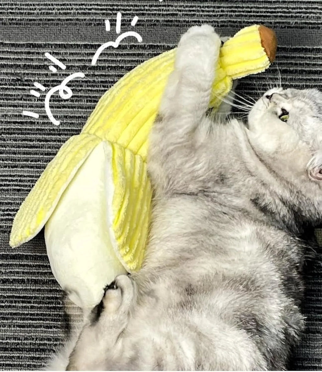 Yellow banana-shaped cat toy with crinkle paper and catnip for indoor cat play