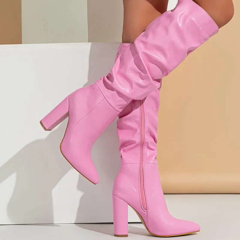 Women's white pointed toe high-heel boot with side zipper and high cylinder design