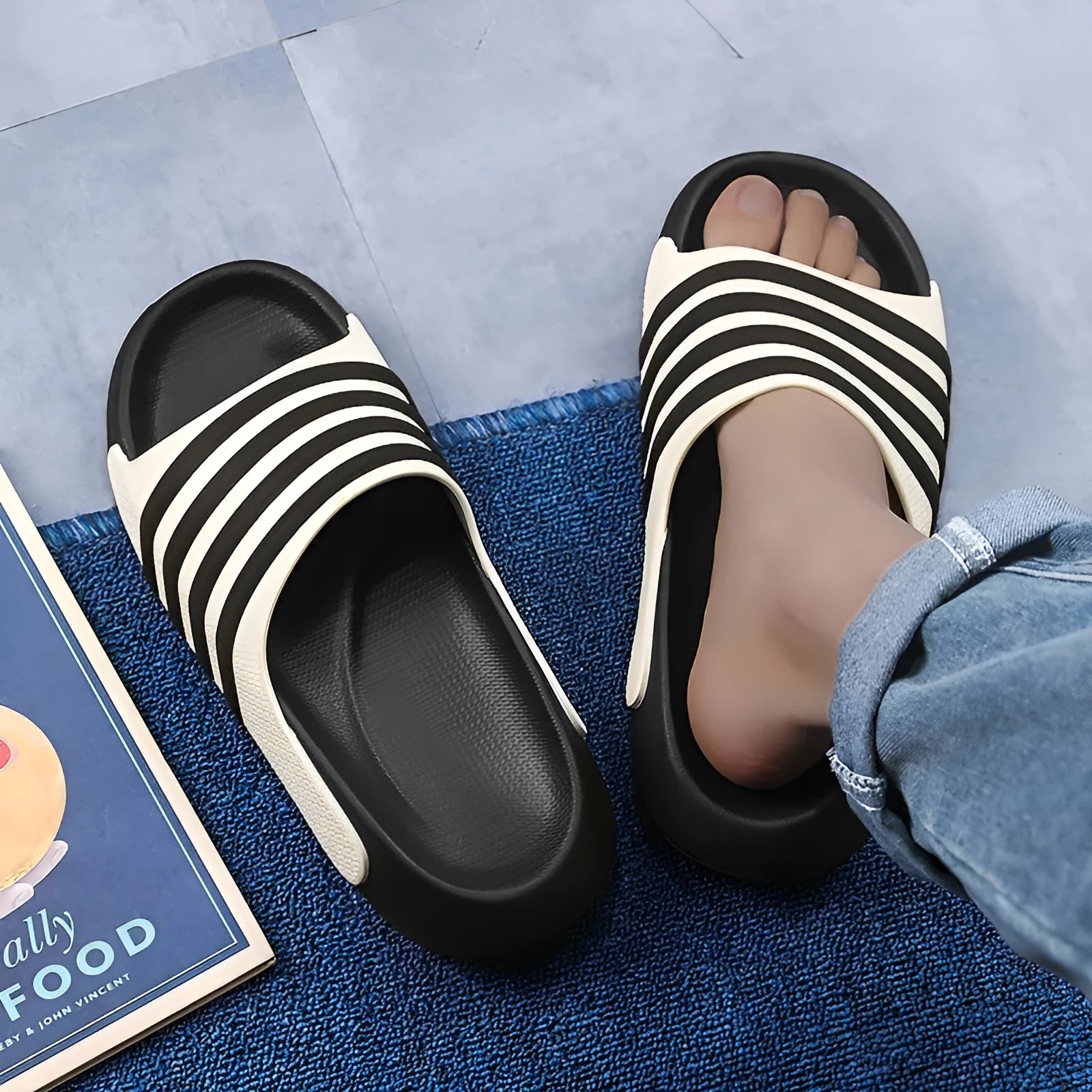 Casual EVA slippers with PVC upper in beige, black and white, blue and white, or green colour options