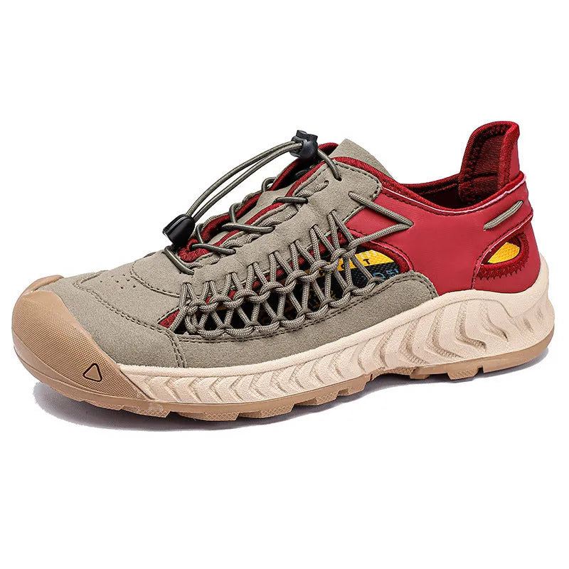 Men's hand-woven sandals with closed toe design, elastic band, and rubber soles in light gray colour