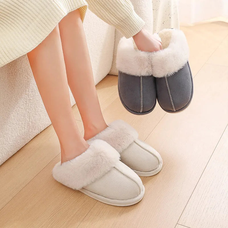 Women's brown plush indoor slippers with artificial wool lining and a textured PVC sole.