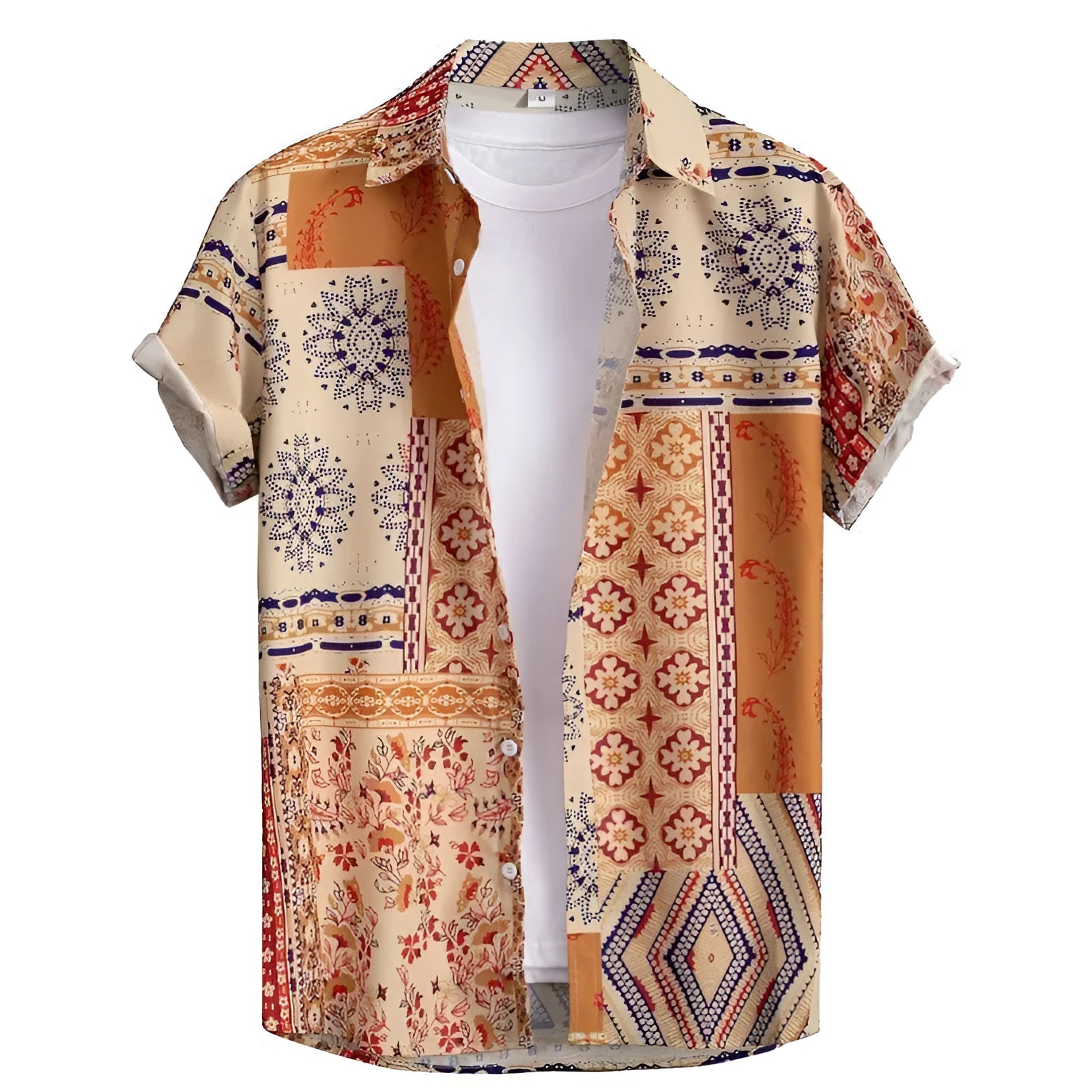 Men's slim fit digital printed Hawaiian short sleeve shirt in elastic polyester, showing colour options.