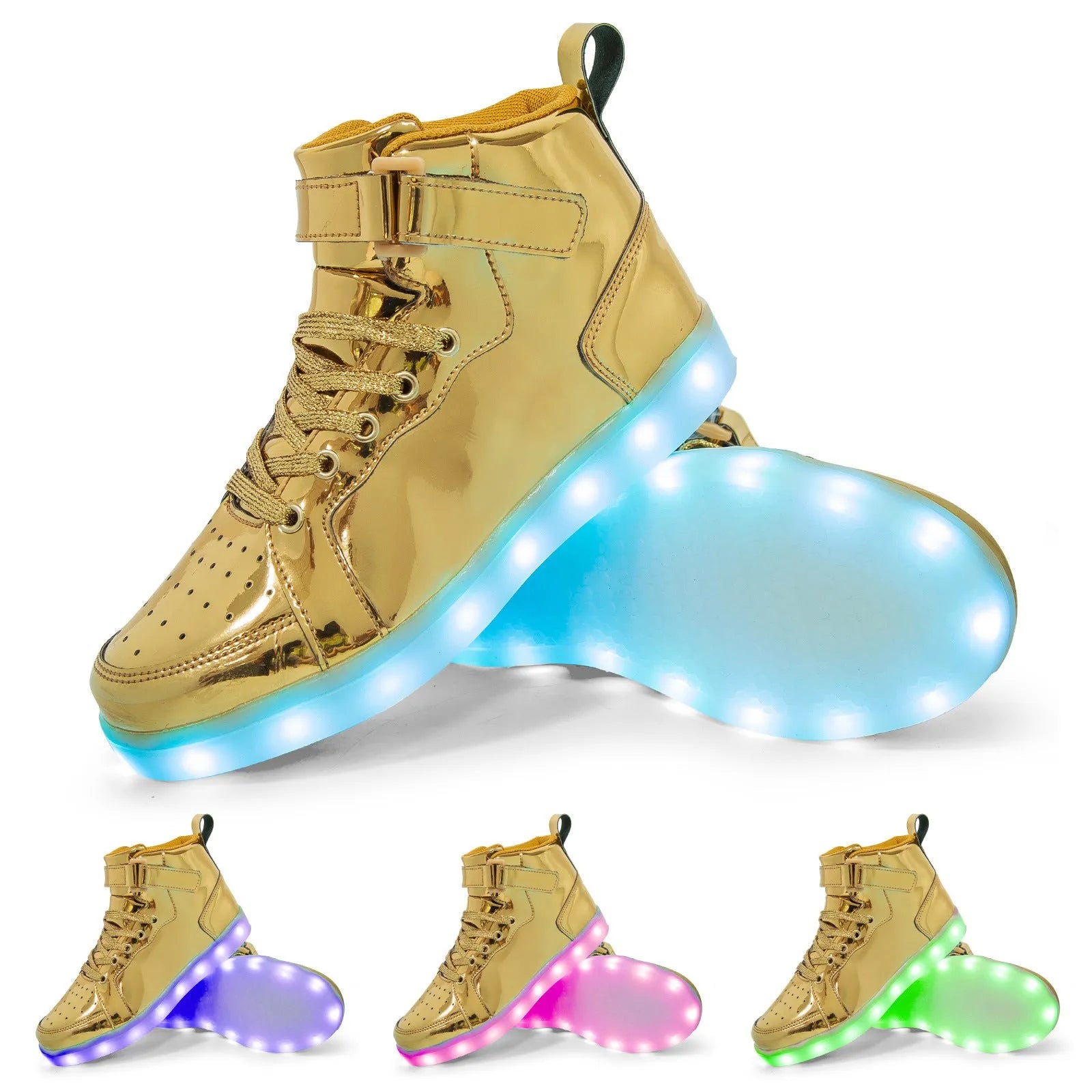 LED light-up high-top board shoes with charging port and Velcro closure in multiple colours