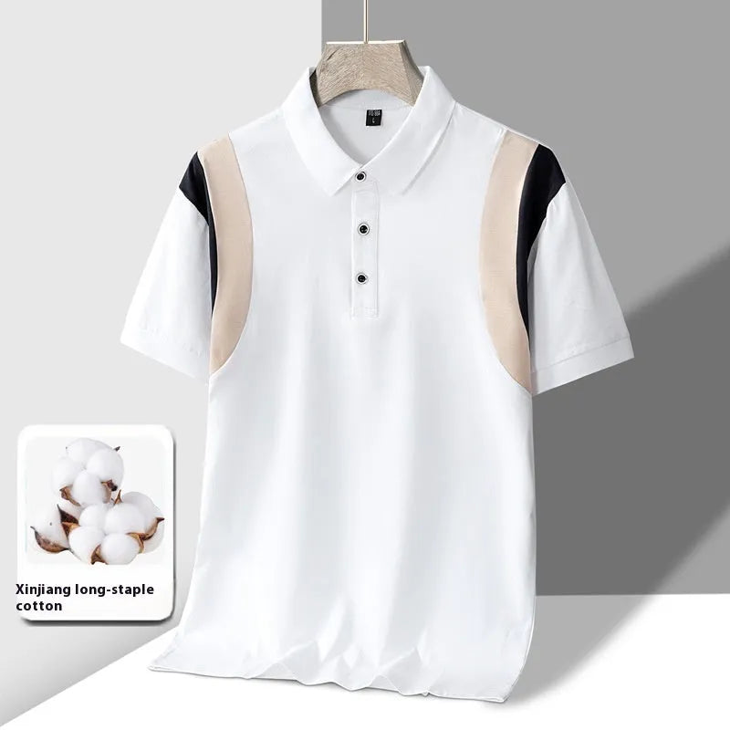 Men's striped business lapel short-sleeved t-shirt in thin cotton fabric, Korean loose fit