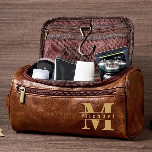 Men's personalised PU leather travel bag shown in four colour options: black, light brown, brown, dark brown.