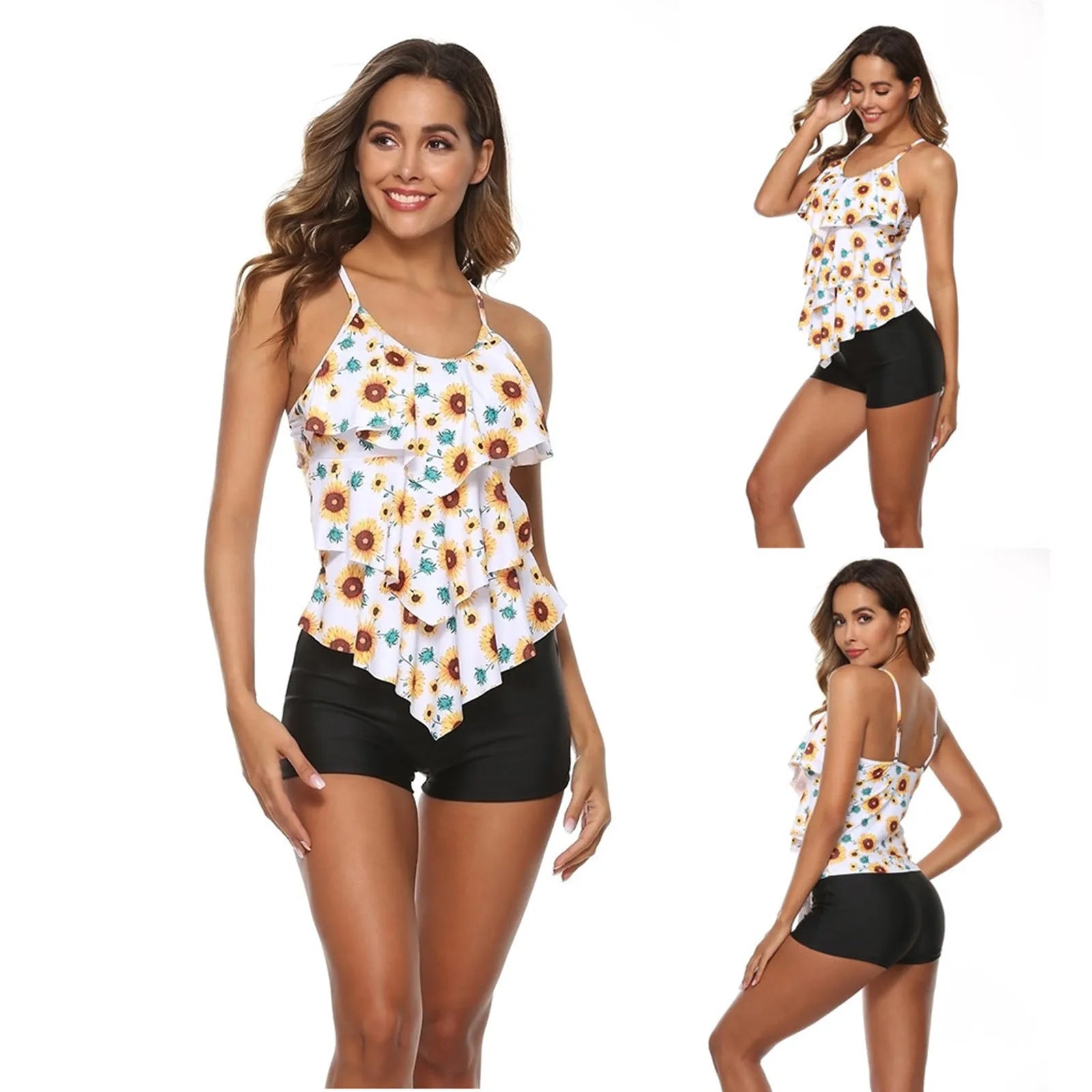Women's full coverage bikini set with high waisted briefs in black, available in sizes S to 2XL