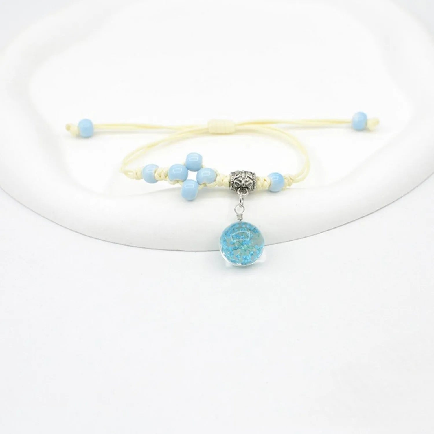 Hand-woven glass bracelet with real dried flowers inside large 1.4cm colored beads for women