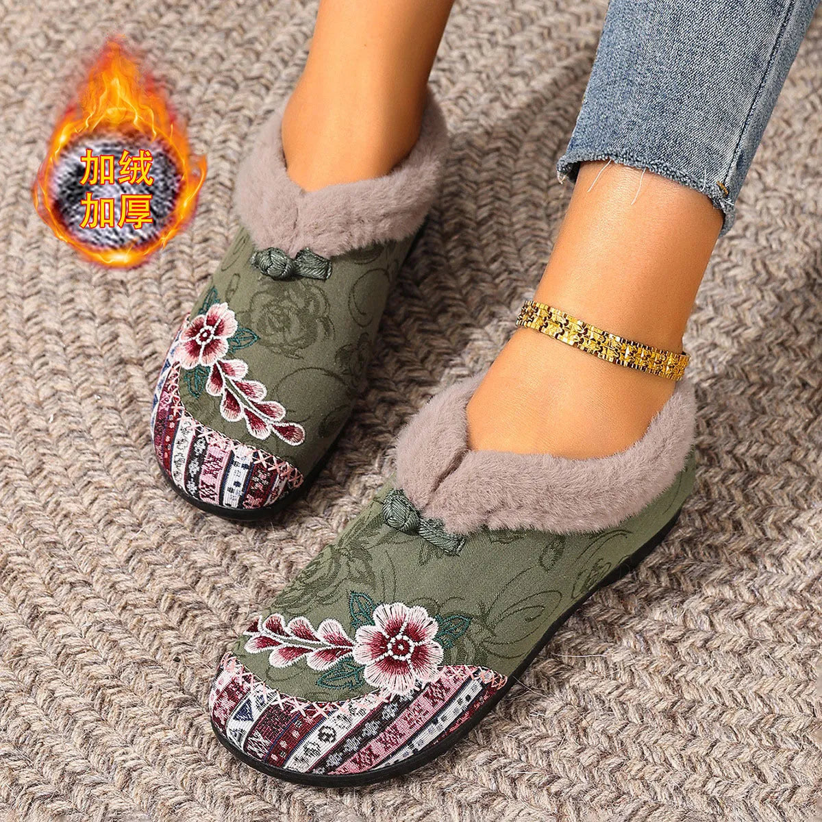 Flat bottom embroidery flowers cotton shoes for women, PVC sole, round toe, available in multiple colours