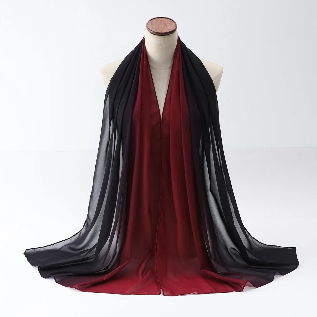 Women's chiffon bubble towel texture scarf in ethnic Pu long style showing length and colour options