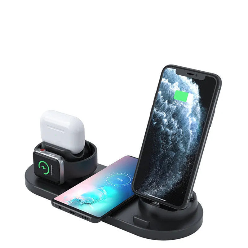 Black and white wireless charging station with phone stand, AirPods charging spot, and iWatch charger