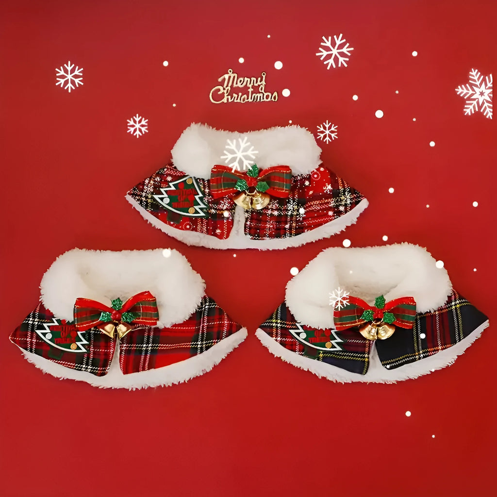 Festive pet scarf with holiday pattern in red and blue colours, shown draped as a winter accessory