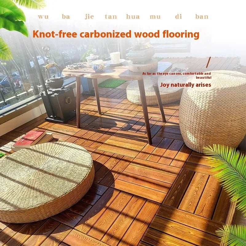 Square camphor pine wood floor tiles with interlocking edges for balcony use.