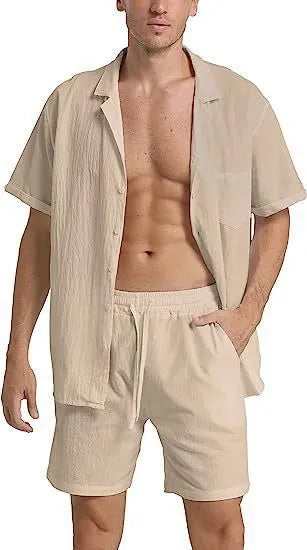 Men's flax linen short-sleeve top and shorts summer sports suit in army green