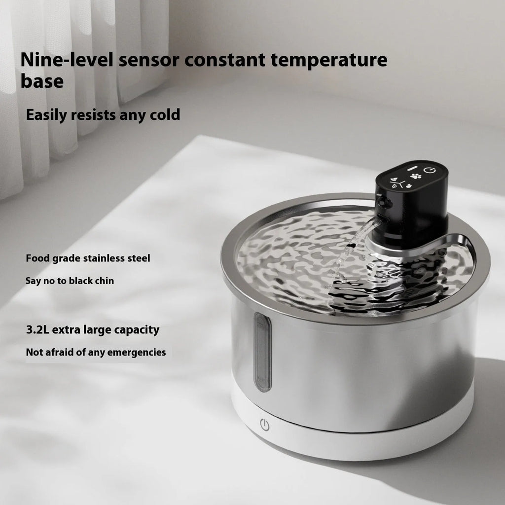 Stainless steel cat water fountain with constant temperature heating base in black and white options