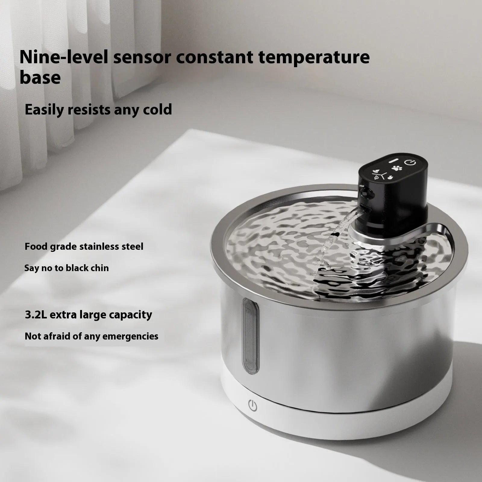 Stainless steel cat water fountain with constant temperature heating base in black and white options