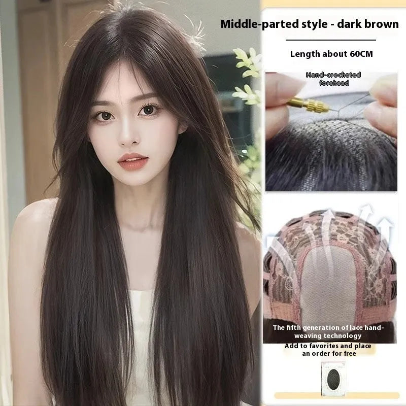 Forehead lace long straight full-head wig in dark brown colour with side bangs styling