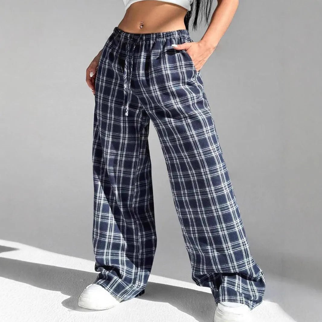 Women's loose fit plaid trousers with elastic drawstring waist and side patch pockets