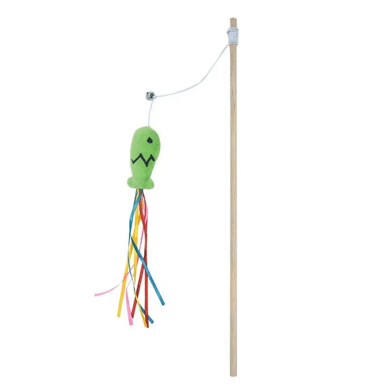 Cat wand toy with wooden handle, colourful ribbons, catnip fish attachment, and bell for interactive play