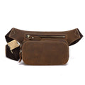 Brown cowhide leather men's sports waist bag with mobile phone compartment showing pull closure